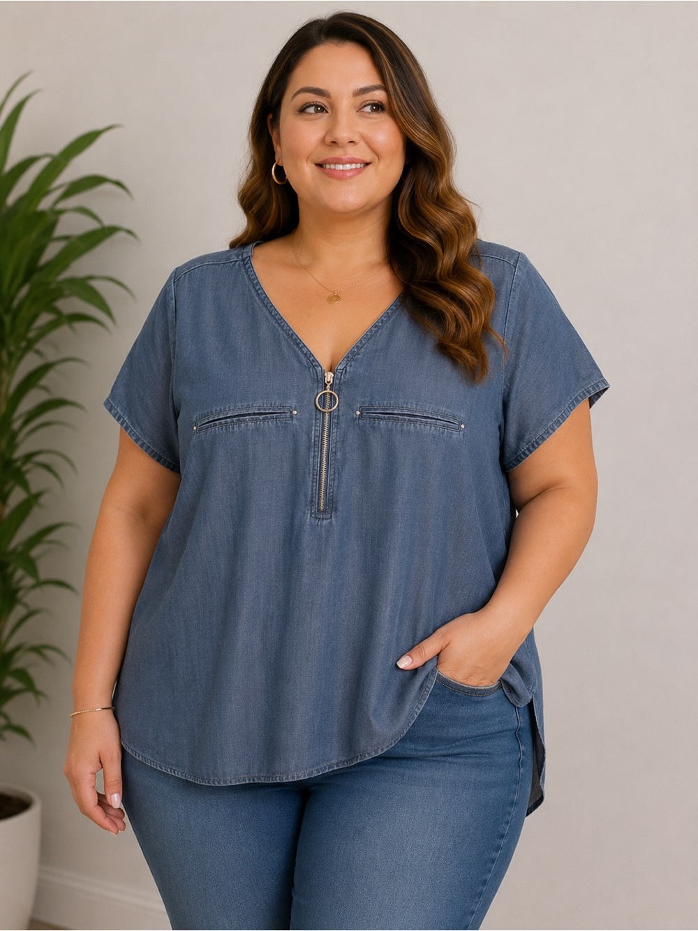 mySTYLE Chambray Look Zip Front High-Low Blouse 2X